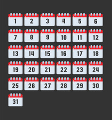 Vector illustration of calendar. 1 to 31 calendar icons. Suitable for content design, social media post, poster, banner, or video editing needs