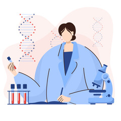 Medical blood test flat concept. Chemical laboratory analysis, medical office or laboratory. Patient blood in test tubes, medical blood test, blood samples, woman doctor. Chemical laboratory analysis.