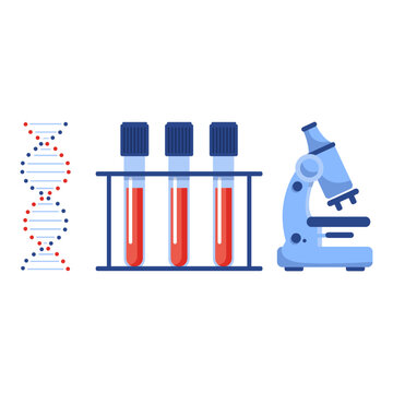 Medical blood test flat concept. Chemical laboratory analysis, medical office or laboratory. Patient blood in test tubes, medical blood test, blood samples. Chemical laboratory analysis. Vector