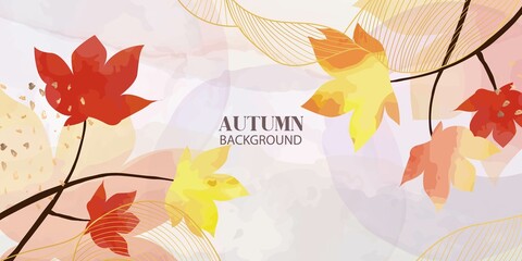 Autumn Watercolor Creative Background. Abstract Wallpaper with Maple Leaves Design. Autumn Maple Leaves Background for Modern Design Cover, Wall Decor, Invitation, Social Media.
