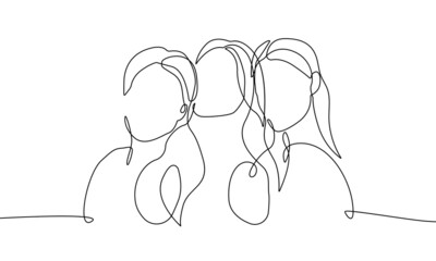 Group of Women Continuous Line Art Drawing. Feminist Minimalistic Black Lines Drawing on White Background. Female Group Simple Abstract Illustration. Peoples Modern Design. Vector EPS 10 