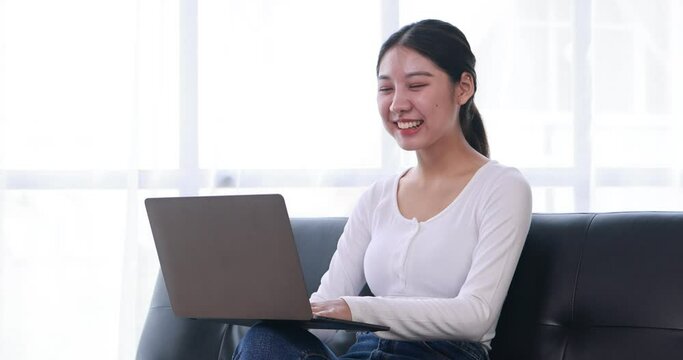 Young Asian lady studying online from home, reading a book and using laptop pc, sitting on the coffee shop, free space. E-learning, web-based education concept