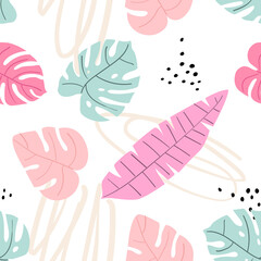 Fototapeta na wymiar Vector colorful hand-drawn tropical seamless pattern. Modern print with tropical leaves, monstera, banana leaves, spots, dots and doodle. On a white background.