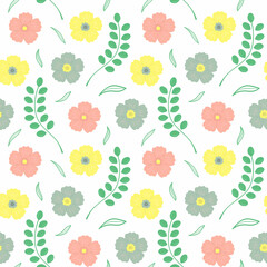 Seamless pattern with beautiful flowers, leaves and twigs. Floral ornament for textiles, clothing, wrapping paper and more.