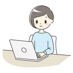 ノートパソコンでリモートワークをする女性【青】