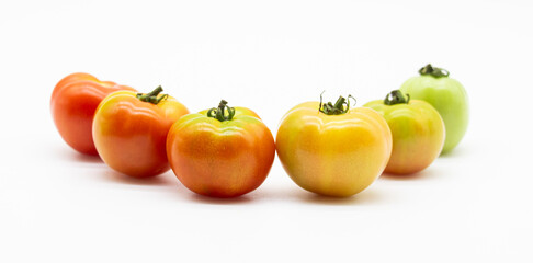 Fresh tomatoes. Different types of tomatoes in a row over on white background.