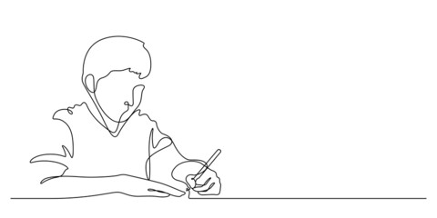one line drawing of happiness boy student writing : back to school concept vector illustration - obrazy, fototapety, plakaty
