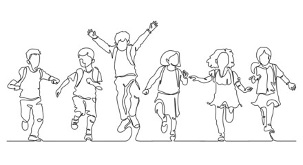 continuous line drawing of happiness little students group enjoy school finish - obrazy, fototapety, plakaty
