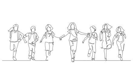 one line drawing of happiness students group enjoy school finish