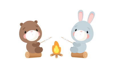Cute teddy bear and rabbit roast marshmallows on a bonfire. Cartoon style. Vector illustration. For card, posters, banners, books, printing on the pack, printing on clothes, textile or dishes.