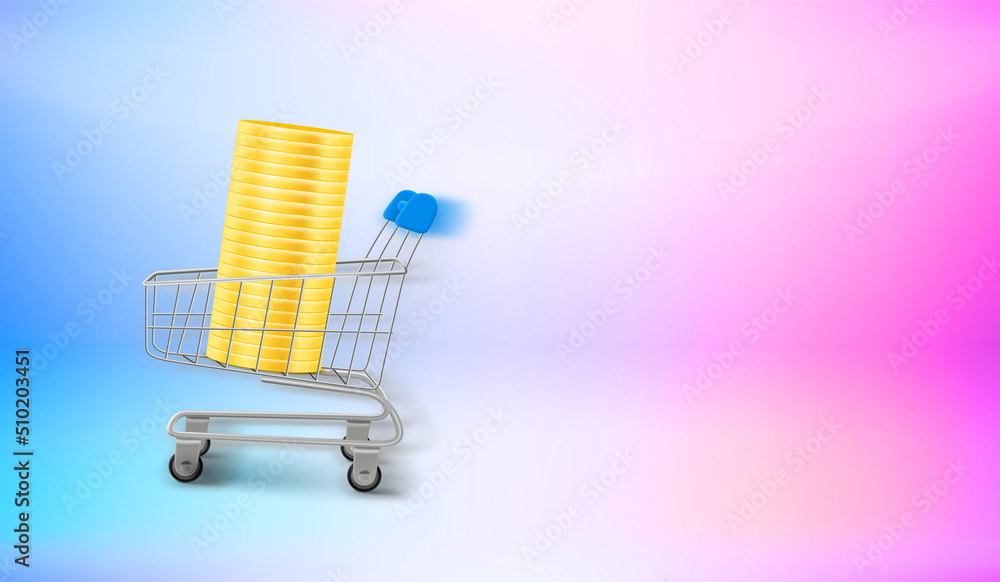 Poster metal trolley with money and motion blur effect. 3d vector banner with copy space