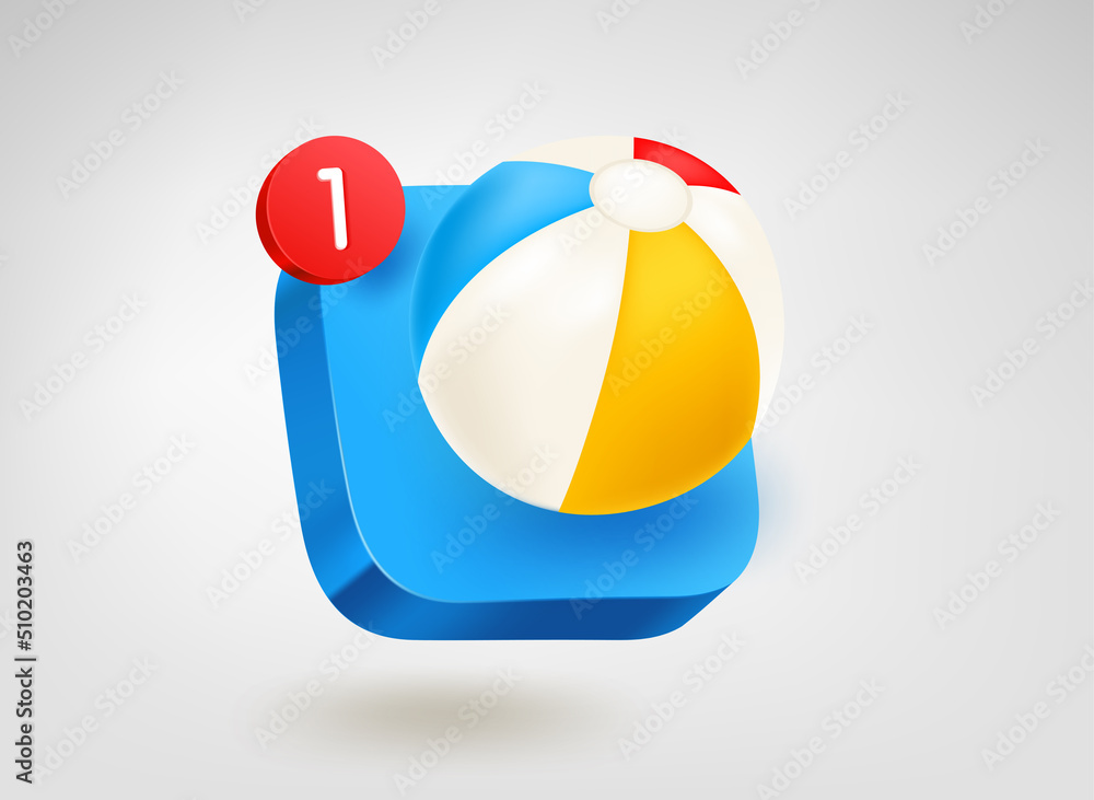 Poster beach ball. 3d vector mobile application icon with notification