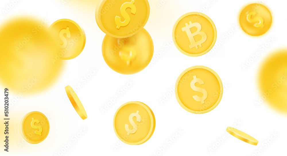 Aufkleber Golden coins falling down vector illustration with blur effect. 3d vector