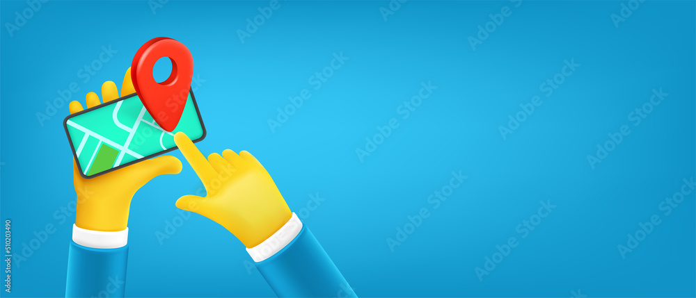 Fototapete man holding smartphone and using navigation app. 3d vector banner with copy space
