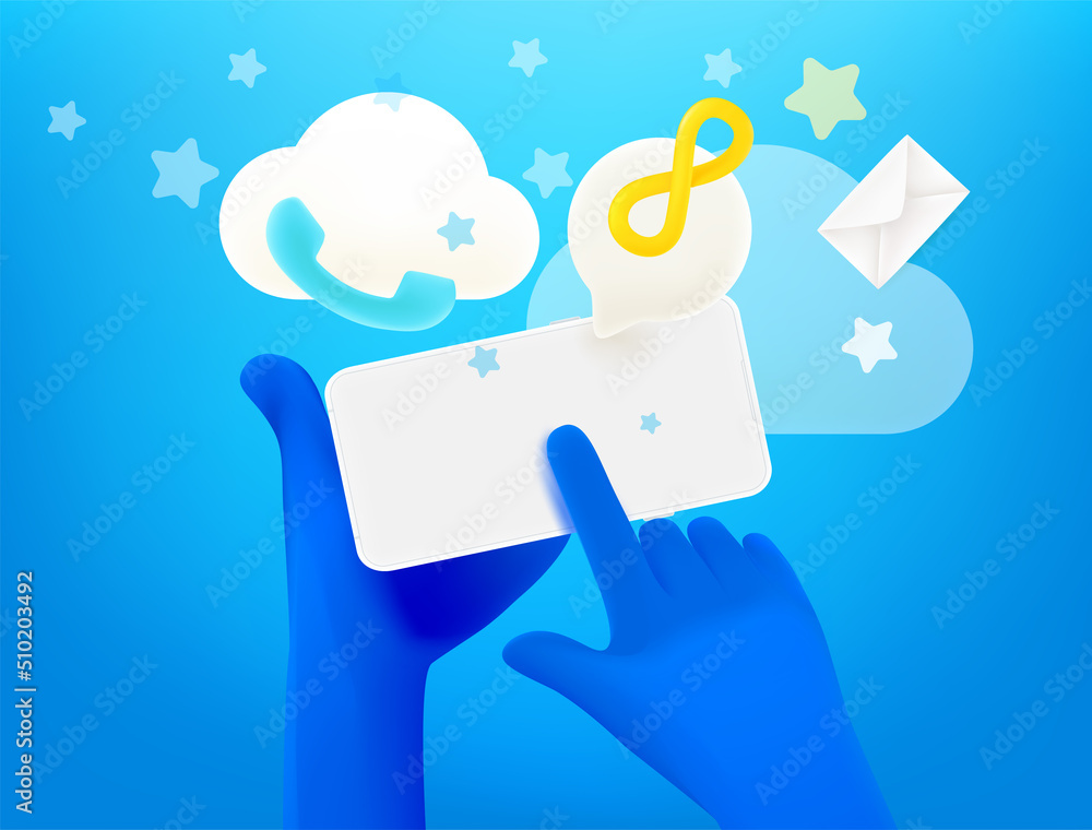 Poster Using modern smartphone. Hands holding modern smartphone and tapping on the screenю 3d vector