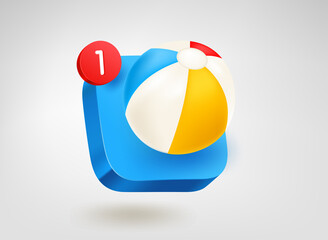 Beach ball. 3d vector mobile application icon with notification