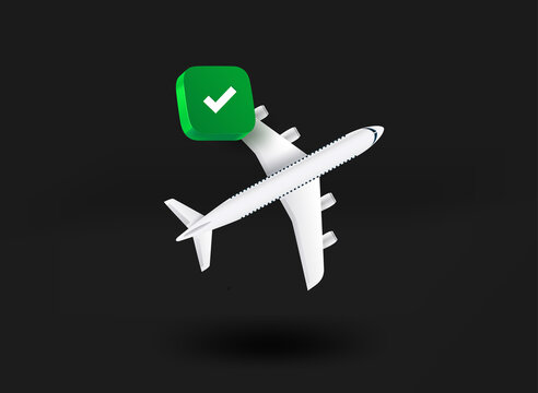 White aircraft with checkmark icon. 3d vector illustration