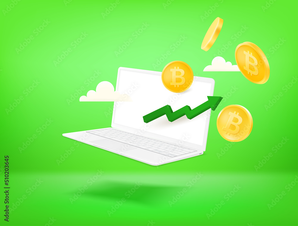 Poster cryptocurrency earnings via internet using modern laptop. 3d style vector illustration