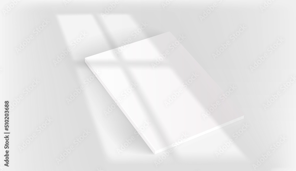 Poster White book on a table with light of the window shadow overlay. Realistic vector mockup with sun flare effect