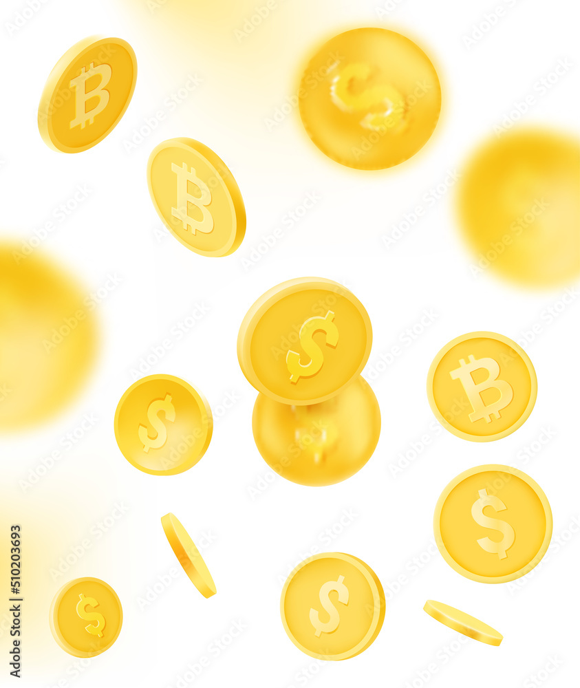 Poster golden coins falling down vector illustration with blur effect. 3d vector