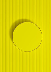 Bright, neon yellow 3D rendering of top view flat lay product display cylinder podium or stand product photography background or wallpaper, minimal, simple, luxury backdrop with golden line