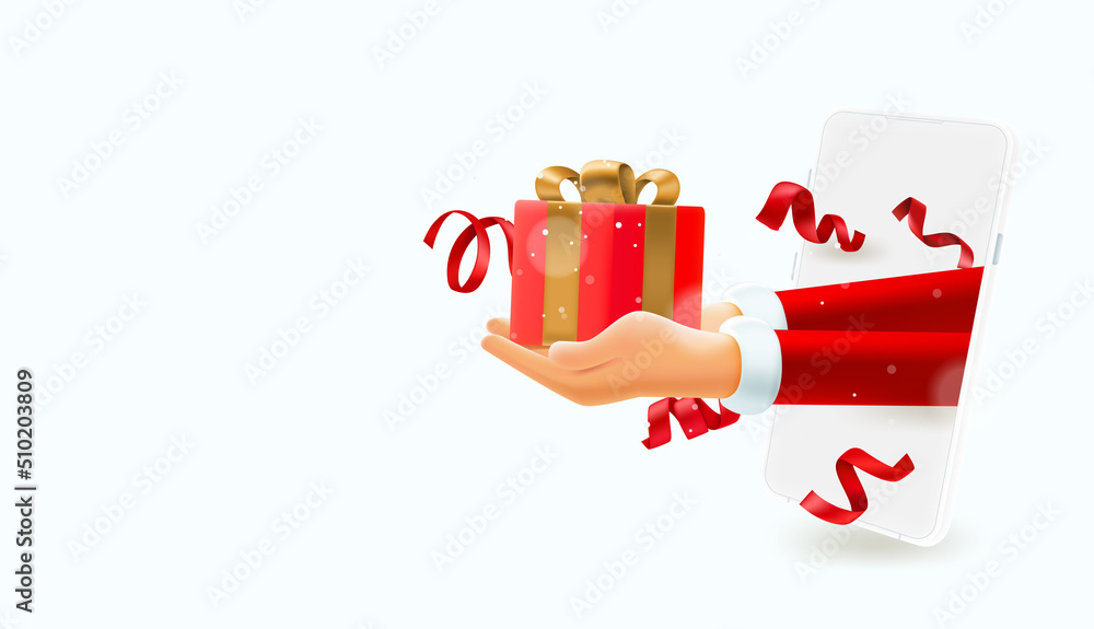 Poster santa claus giving the gift. christmas internet delivery via smart phone concept. 3d vector banner w