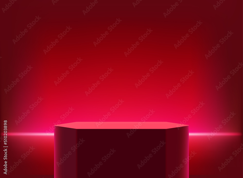 Aufkleber illuminated studio with red neon light and podium. 3d vector illustration