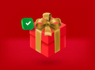 Gift box icon with checkmark pictogram. 3d vector illustration