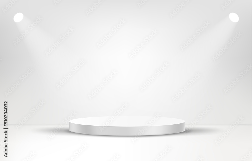 Poster white empty studio with bright projectors. 3d vector showcase