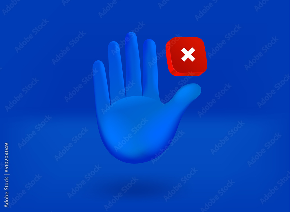 Poster stop gesture with red pictogram. 3d vector illustration
