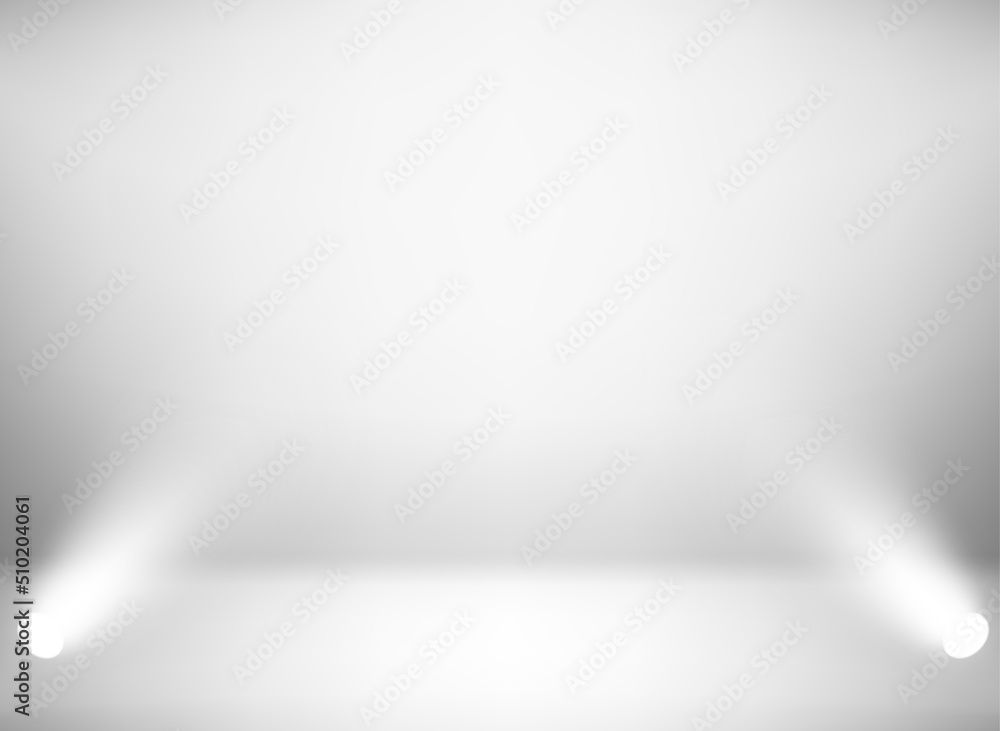 Poster bright illuminated studio with projectors. 3d vector illustration