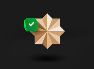 Golden star with checkmark icon. 3d vector illustration