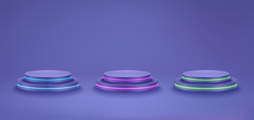 Very peri interior with podiums with color neon. Vector 3d illustration