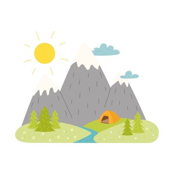 Mountains, river, fir trees and a tent on the horizon. Simple summer landscape. Outdoor recreation, hiking, camping, tourism. Flat cartoon vector illustration isolated on a white background.