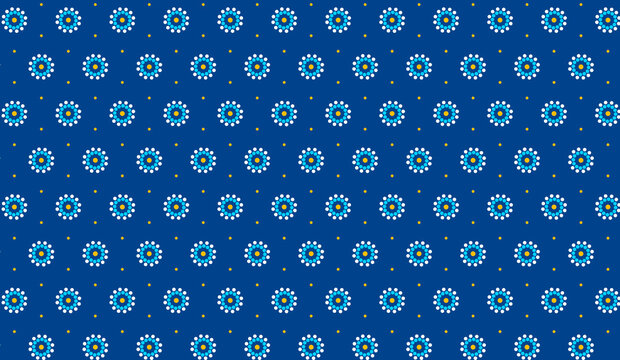 Folk vintage background with white, yellow and blue polka dot flowers on a bright blue background Simple minimalist design print