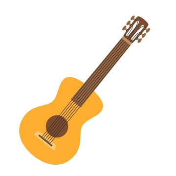 Classic six-string guitar. A stringed musical instrument. A symbol of hiking, camping, traveling. Flat vector illustration isolated on a white background.