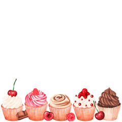 Banner of cupcakes. Watercolor illustration. Isolated on a white background.