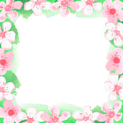 A square frame of pink flowers. Watercolor illustration. Isolated on a white background. For design.