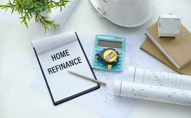 HOME REFINANCE. Business concept. Blue card with text on the office desk