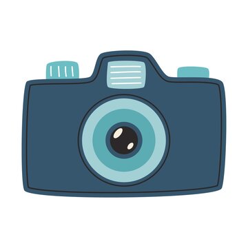 SLR camera. A photographic device with zoom and flash. A symbol of travel, adventure. Flat vector illustration isolated on white background.