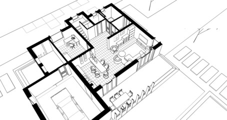 abstract modern house plan 3d rendering - obrazy, fototapety, plakaty