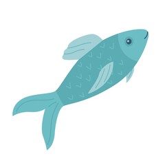 Simple abstract blue fish. Aquatic animal. Flat cartoon vector illustration isolated on white background.