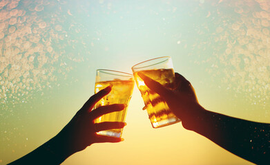 Beer Glass Celebration Bokeh Light Beer Drink Celebrate and relax concept with copy space