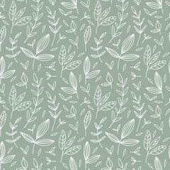 Floral line seamless pattern. Botanical abstract background. Vector texture with leaves on green background in scandinavian style. Fabric, print, packing, textile pattern