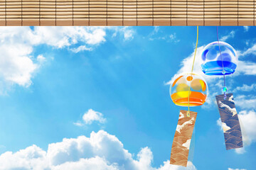 夏の青空にゆれる水玉の風鈴　背景素材