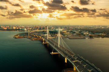 Aerial view of the Gulf of Finland, Saint-Petersburg, Russia, with a stadium, western rapid diameter and cable-stayed bridge