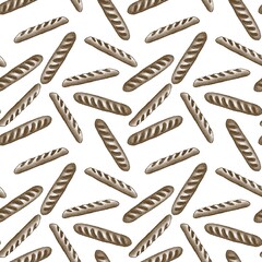 Seamless contour pattern of simple baguette illustrations on a white background, bread drawings