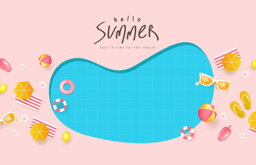 Summer poster banner template for promotion with copy space pool background and elements for beach party