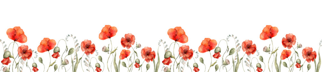 Watercolor red poppy flowers border hand drawn illustration - obrazy, fototapety, plakaty