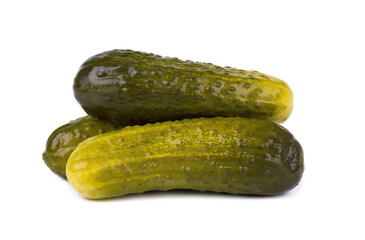 Marinated pickled cucumber isolated on white background. Pickled cucumber with clipping path. Closeup.